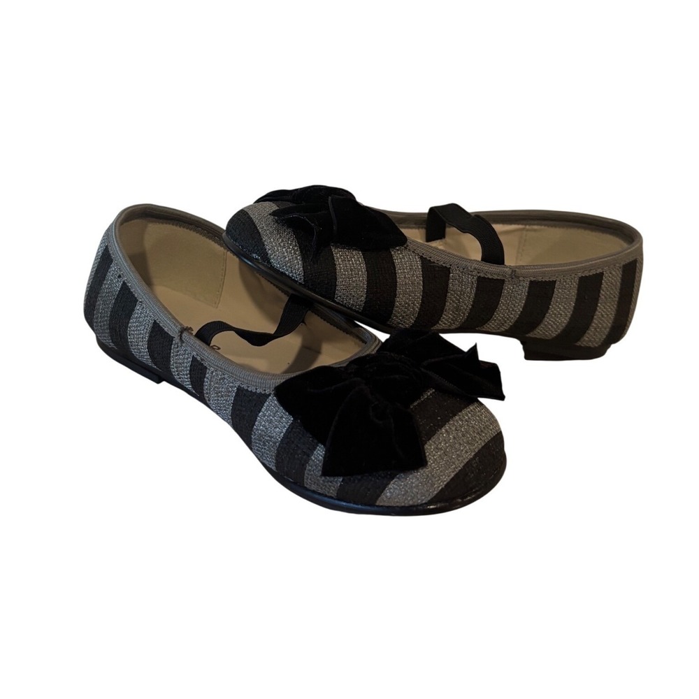 L'Amour Mary Jane Flats Girls 11 Black Silver Striped Velvet Bow Dress Shoes - Picture 7 of 10